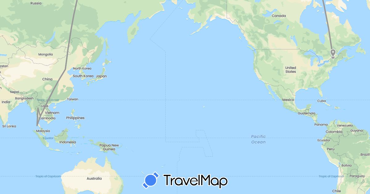 TravelMap itinerary: plane in Canada, China, Thailand (Asia, North America)